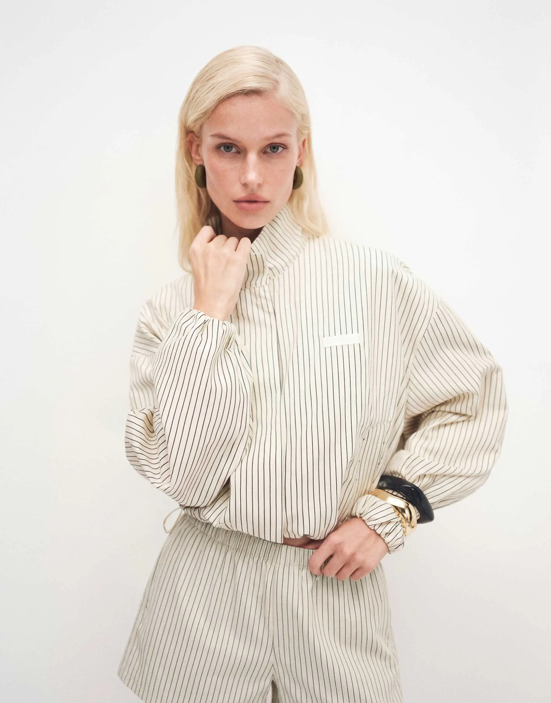 Cernucci nylon stripe funnel neck jacket co-ord in butter yellow