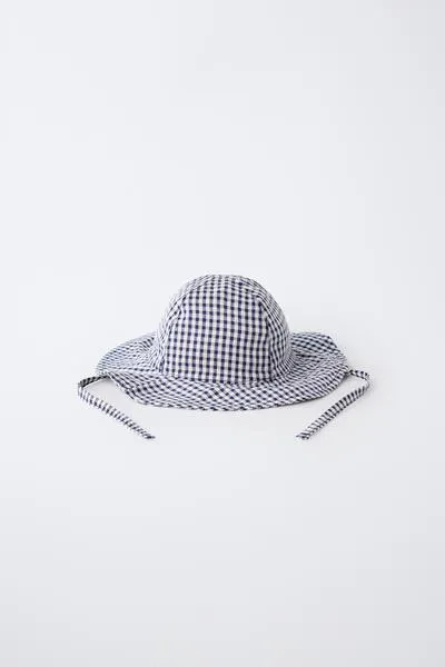 GINGHAM CHECK HAT WITH EMBROIDERED FLOWERS