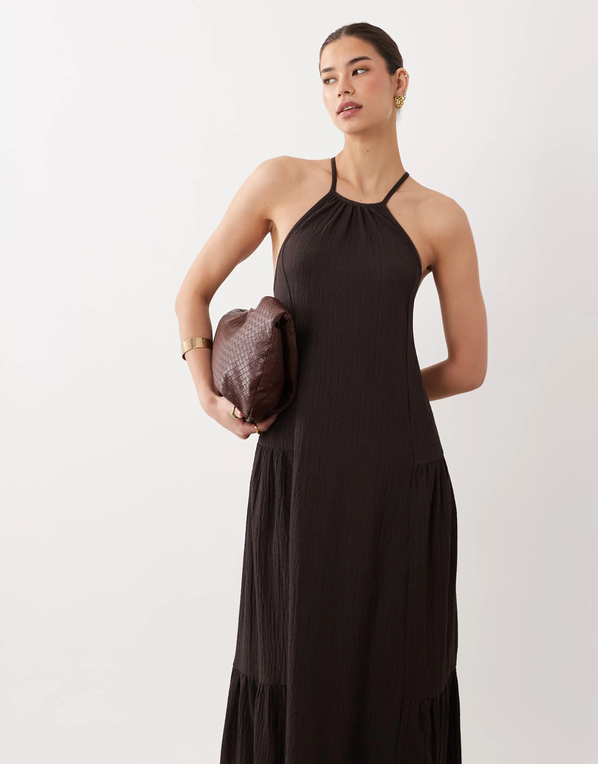 ASOS DESIGN textured halter trapeze maxi dress in chocolate