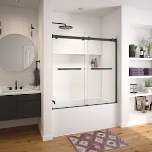 MAAX NexTile 60L x 30W x 81.25H in. 3-in-1 Tub Shower Kit - Shower Stall Enclosure with Left Drain Bathtub, Wall, and Glass Bathtub Door in Black