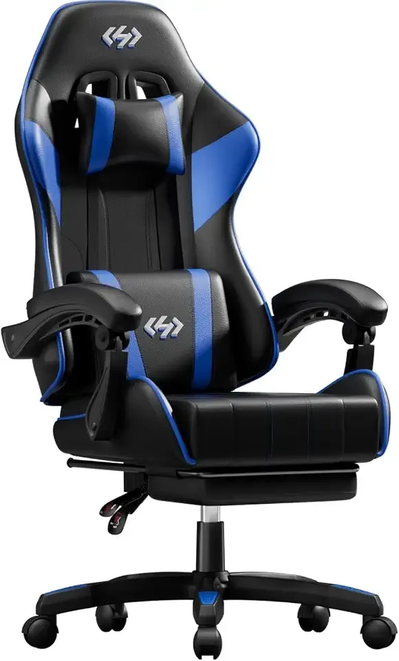 HLDIRECT Gaming Chair with Footrest, Lumbar Support & Headrest, Black&Blue | Ergonomic, 90°-135° recline, adjustable height & 360° swivel, PU leather and 45D foam, for adult gaming, work & relaxing