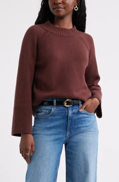 Bell Sleeve Mock Neck Merino Wool & Cotton Sweater