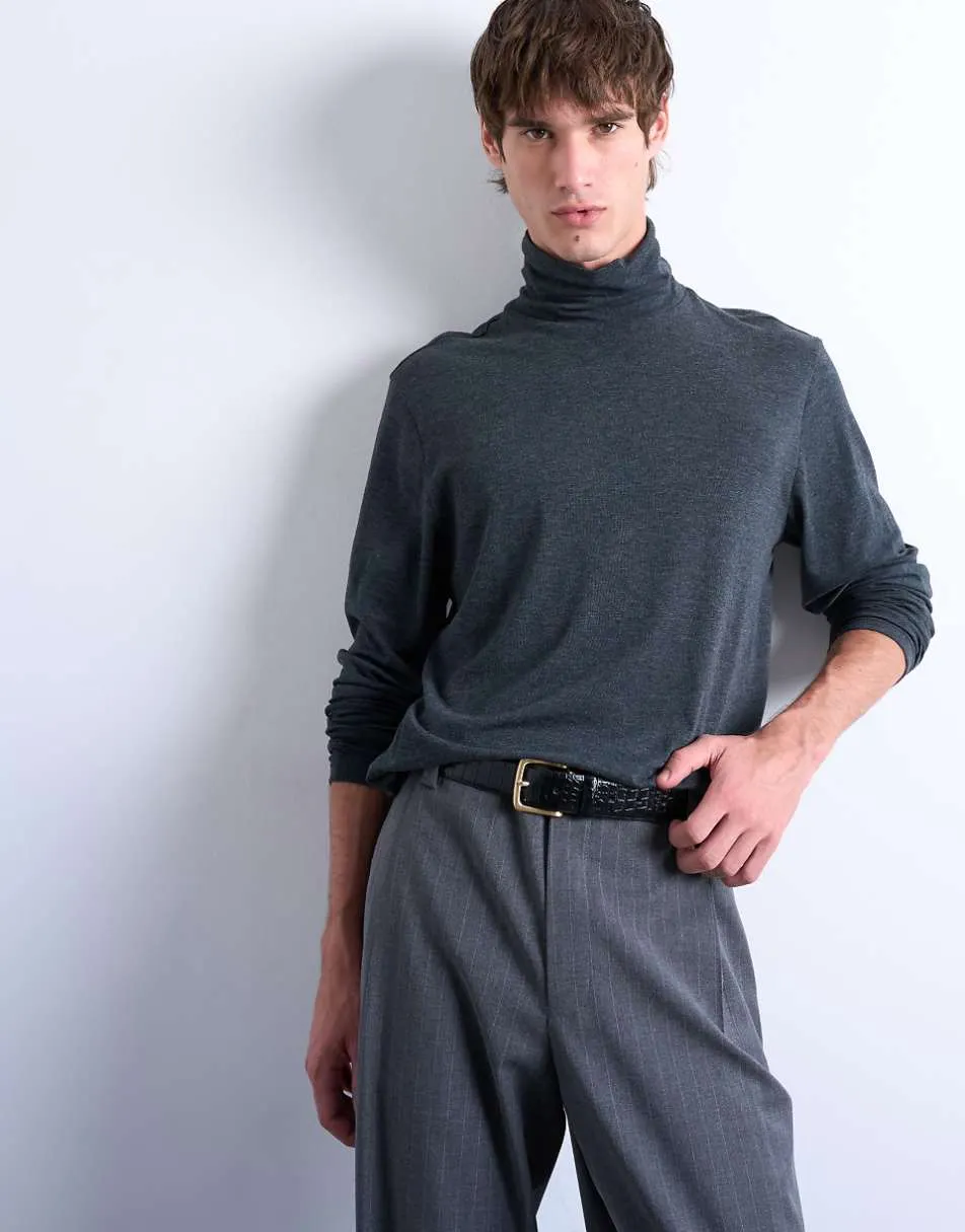 Topman relaxed fit roll neck long sleeve t-shirt in dark grey