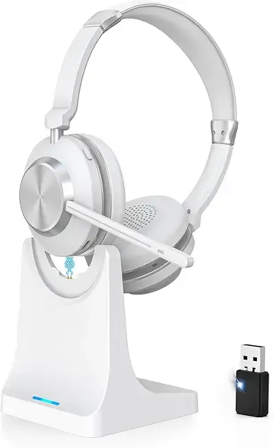 Wireless Headset with Mic for Work, Bluetooth Headphone with Microphone, AI Noise Canceling Mic & Mute, Wireless Headset with USB Dongle & Charging Dock for PC/Cell Phones/Call Center/Teams
