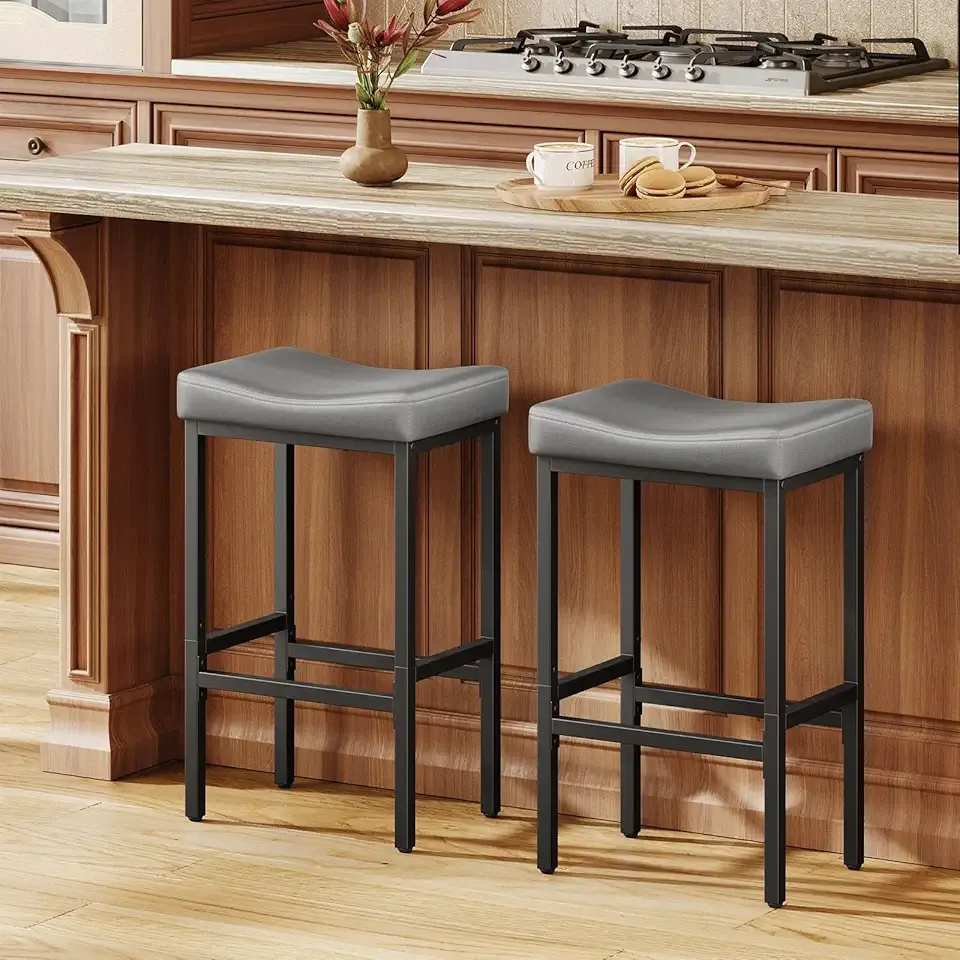 24 Inch Counter Height Bar Stools Set of 2, Compact Counter Stools for Small Spaces, Premium Faux Leather Barstools with Right-Sized Saddle Seat & Metal Legs, 15-Minute Easy Assembly, Gray