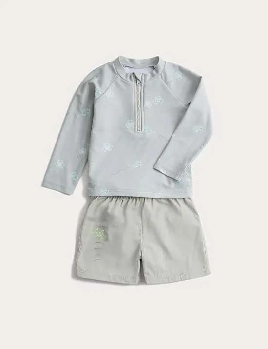 2-tlg. Set bestehend aus Frosch-Badeshirt und -Schwimmshorts (0–3 J.)