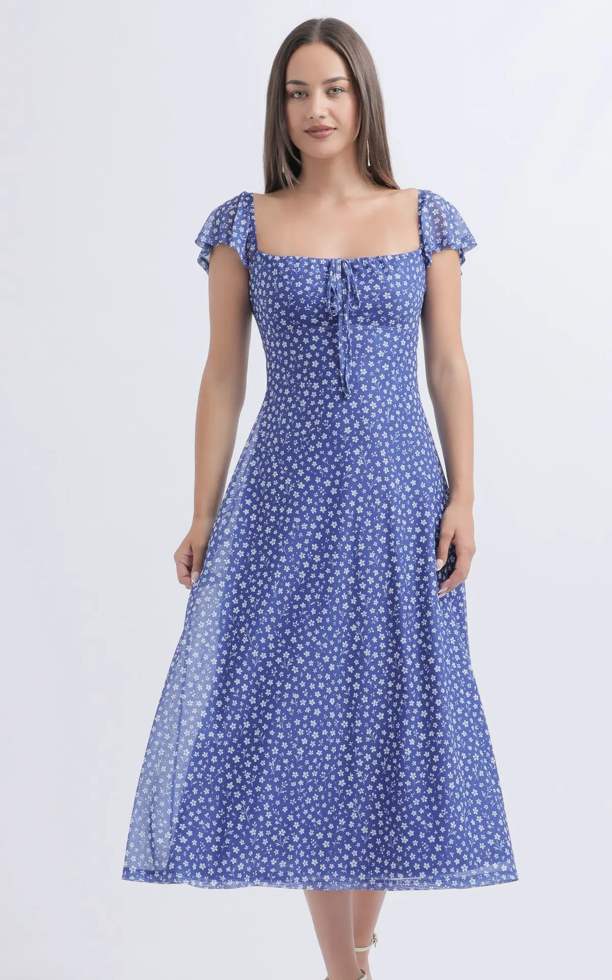 Mesh Flutter Sleeve Midi Dress