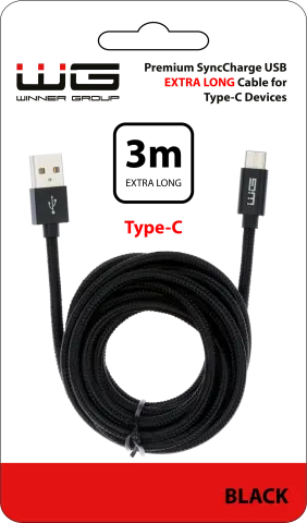 Datový kabel Type-C - USB-A 3m nylon braided černá