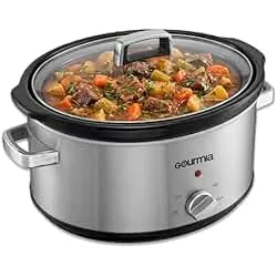 Gourmia Slow Cooker - 7 Quart Removable Ceramic Pot, Manual Controls with 3 Temperature Settings, Dishwasher Safe Crock and Glass Lid, Stainless Steel
