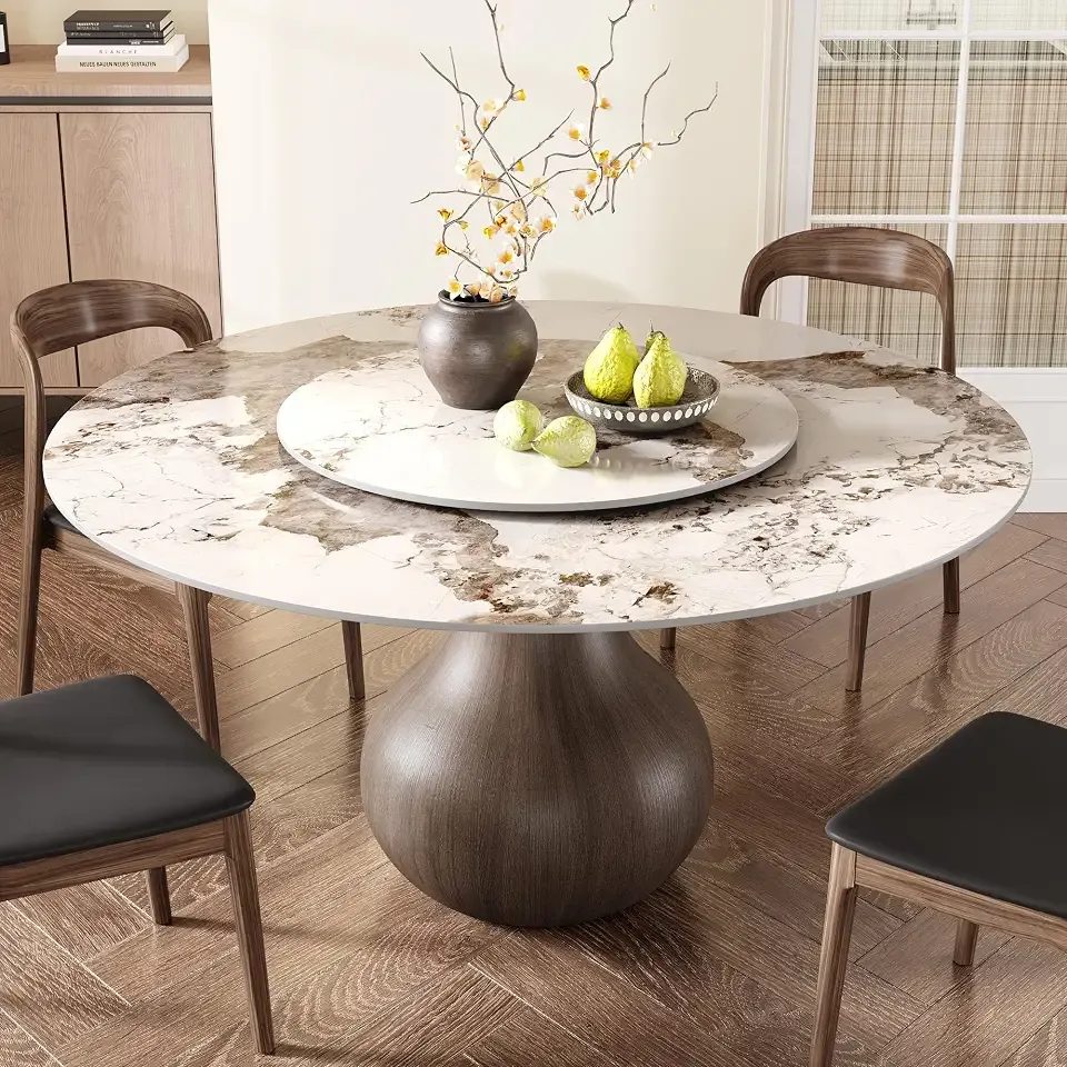 Ownkoti 59" Round Dining Table for 8-10, Removable Lazy Susan Vase-Shaped Pedestal Marble-Like Stone Top, Pandora+Deep Brown (Table Only)
