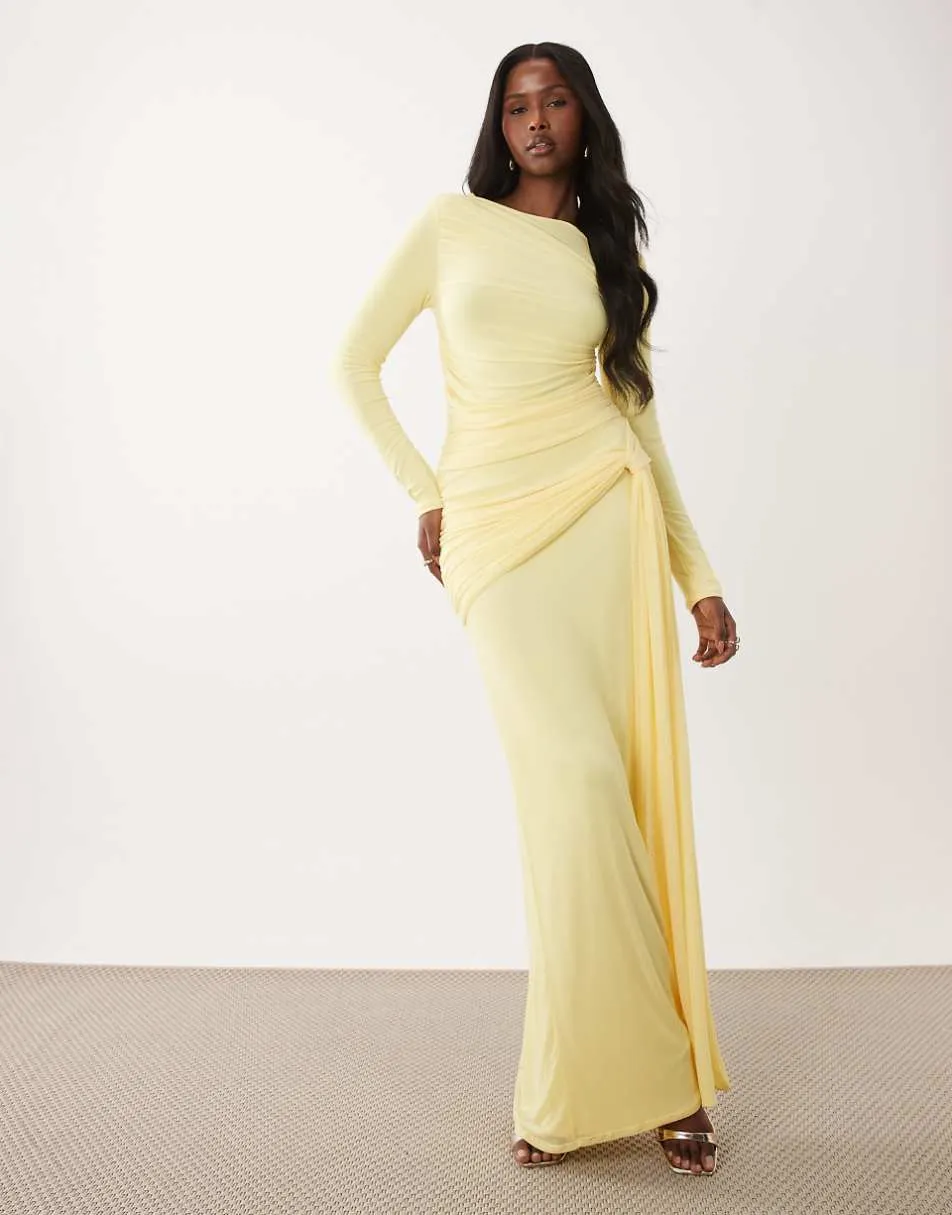 ASOS DESIGN mesh long sleeve maxi dress in lemon