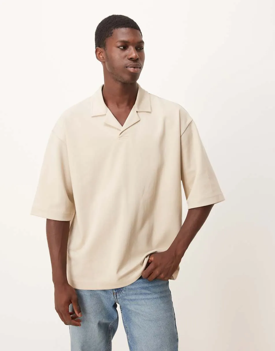 ASOS DESIGN breatheMAX™ heavyweight oversized half sleeve revere polo in beige cotton