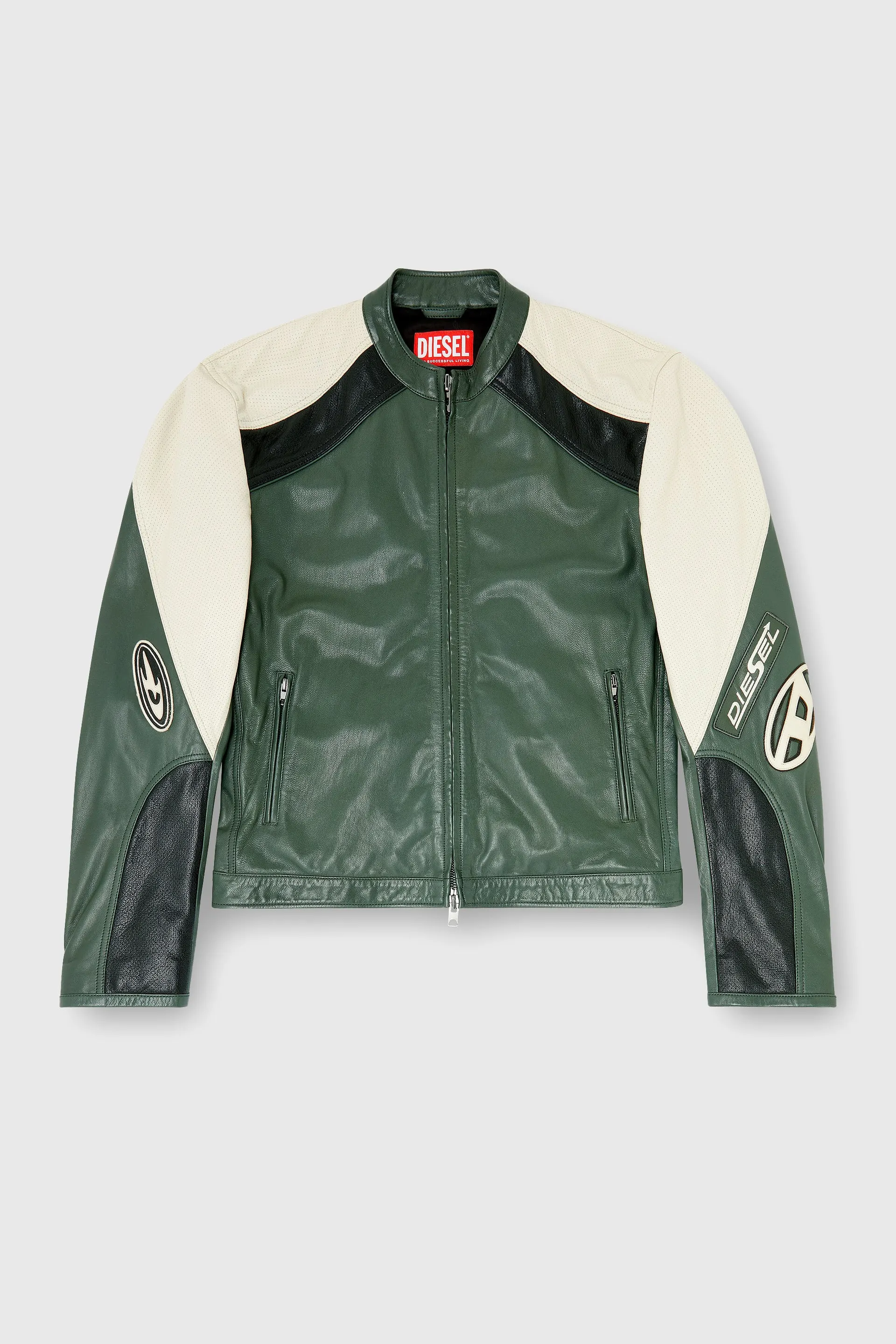 Biker jacket in colour-block perforated leather