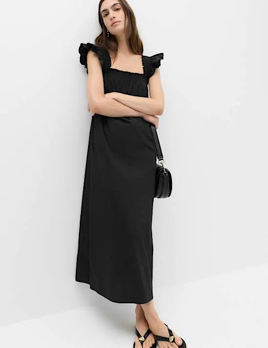 Pure Cotton Shirred Midaxi Smock Dress