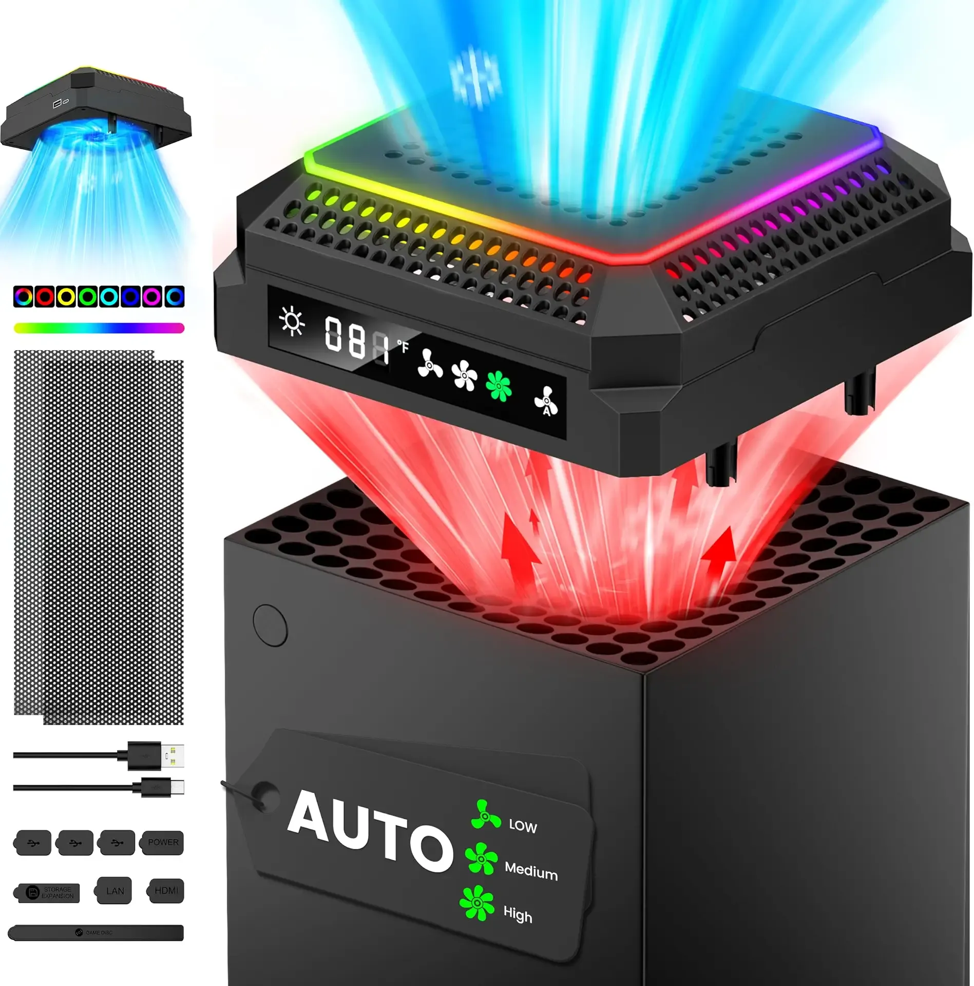 CATZARMOR Auto Cooling System Compatible with Xbox Series X w LED Display Whisper Quiet Adjustable by Temperature, Series X Console Air Cooler Fan,2 USB Port,Rubber Dust Plugs for Xbox one cases