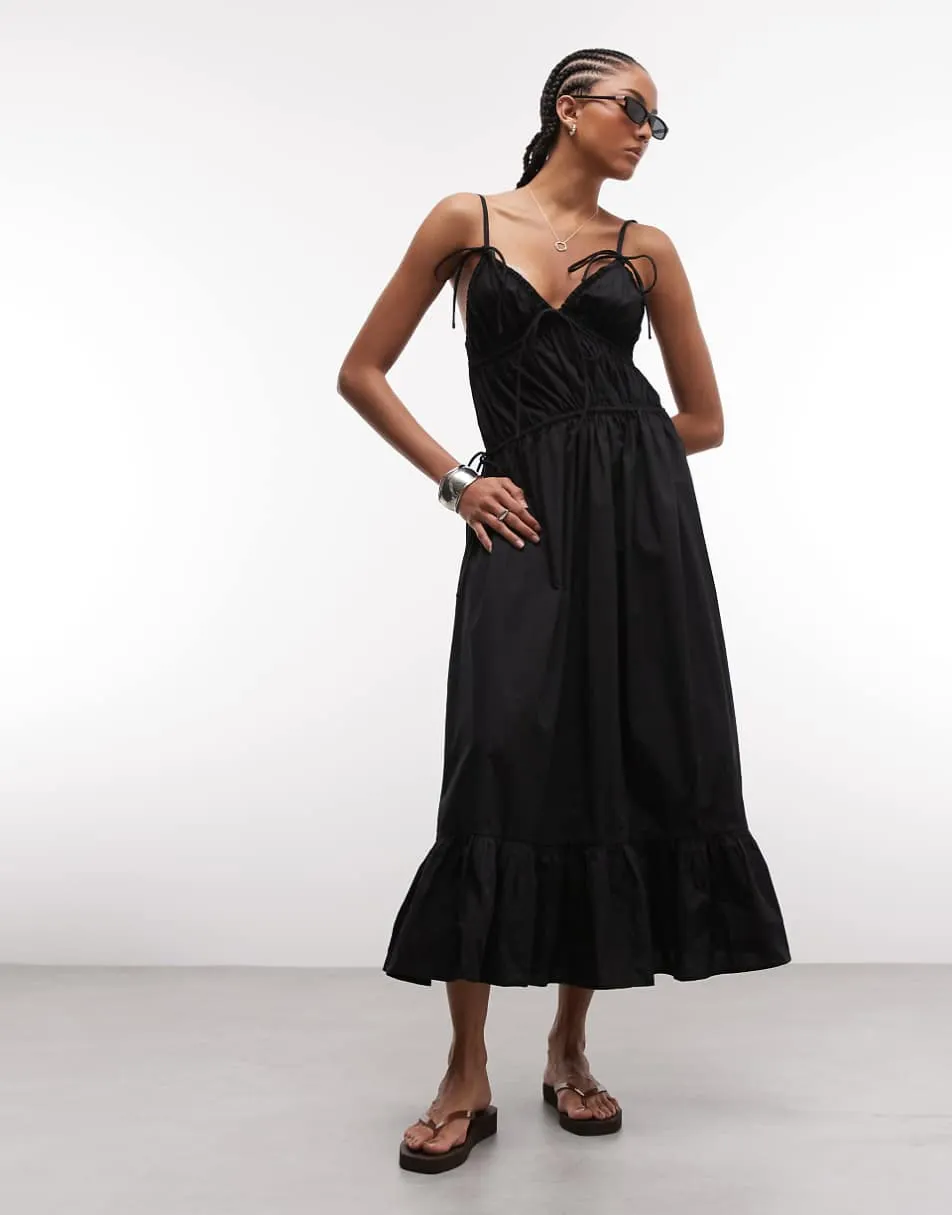 COLLUSION cami volume channel detail midi dress in black