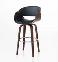 Barhocker mit Walnussholz-Rückenlehne und schwarzem PU-Leder, ca. 53 x 44 x 62–83 cm – Schwarz