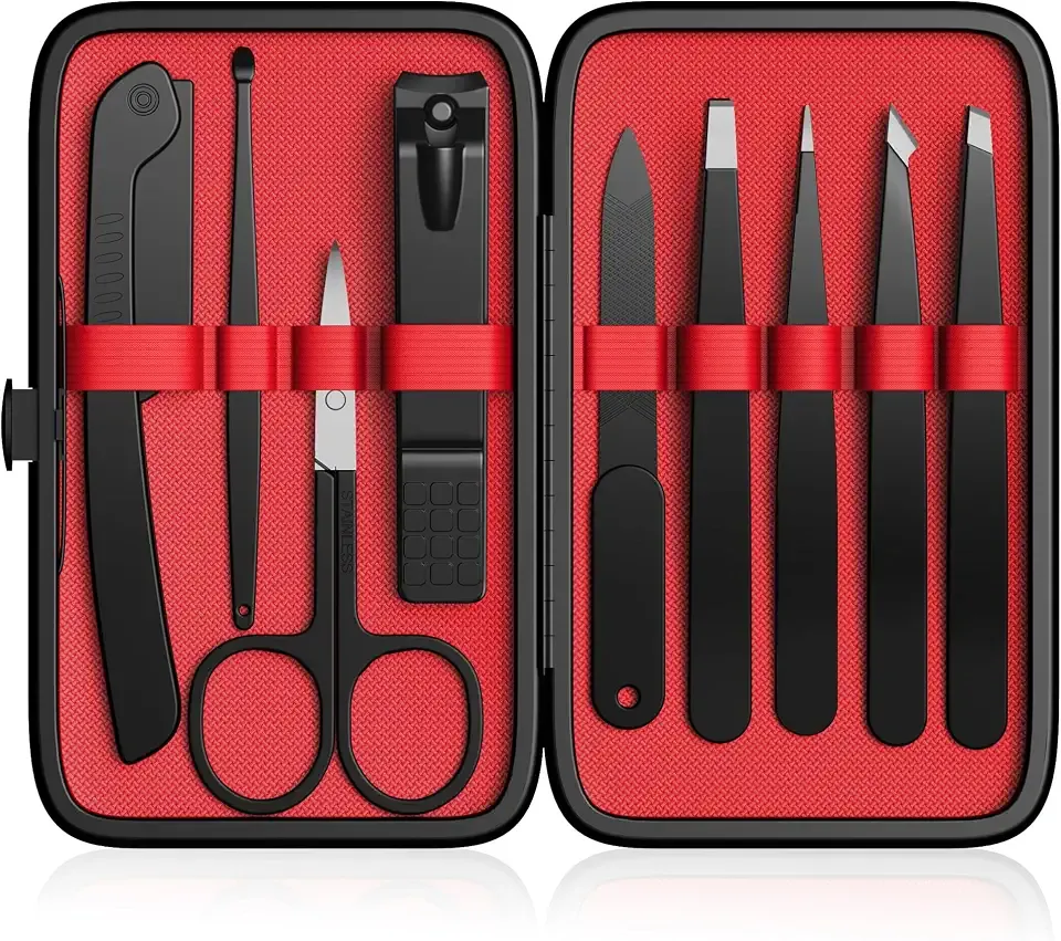 Yougai Tweezers Set,9 Pcs Professional Stainless Steel Tweezer Kit-Great Precision Eyebrow Tweezers for Ingrown Facial Hair with Leather Travel Case as Stocking Stuffing Gifts