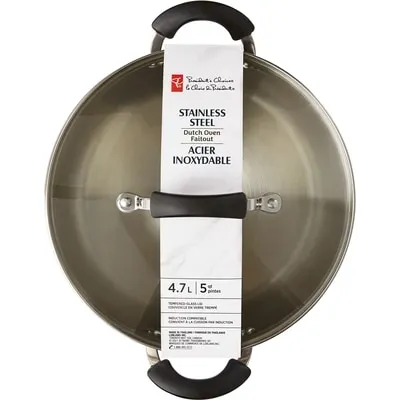 President's Choice Stainless Steel Dutch Oven 5qt with Break Resistent Tempered-Glass Lid and cool touch handles, Induction Compatible