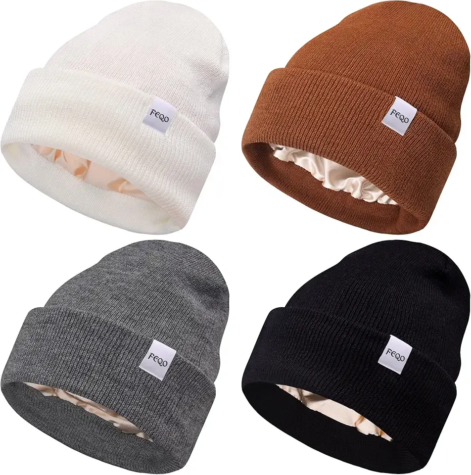 4 Pack Satin Lined Beanie Hats Soft Silk Lined Beanies Knit Warm Cuffed Hats for Women Men