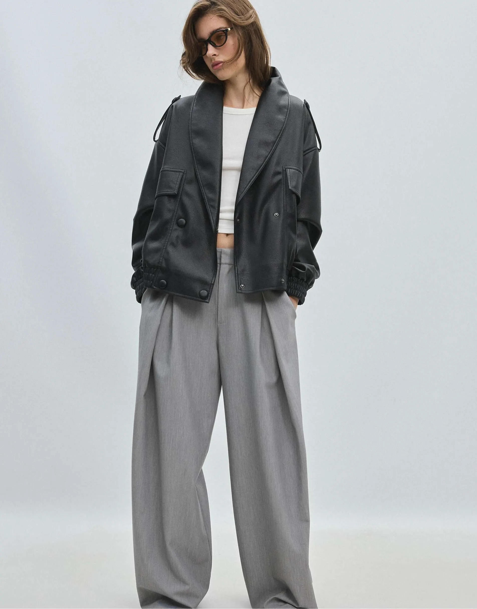Stradivarius Quilted leather effect boxy jacket in black