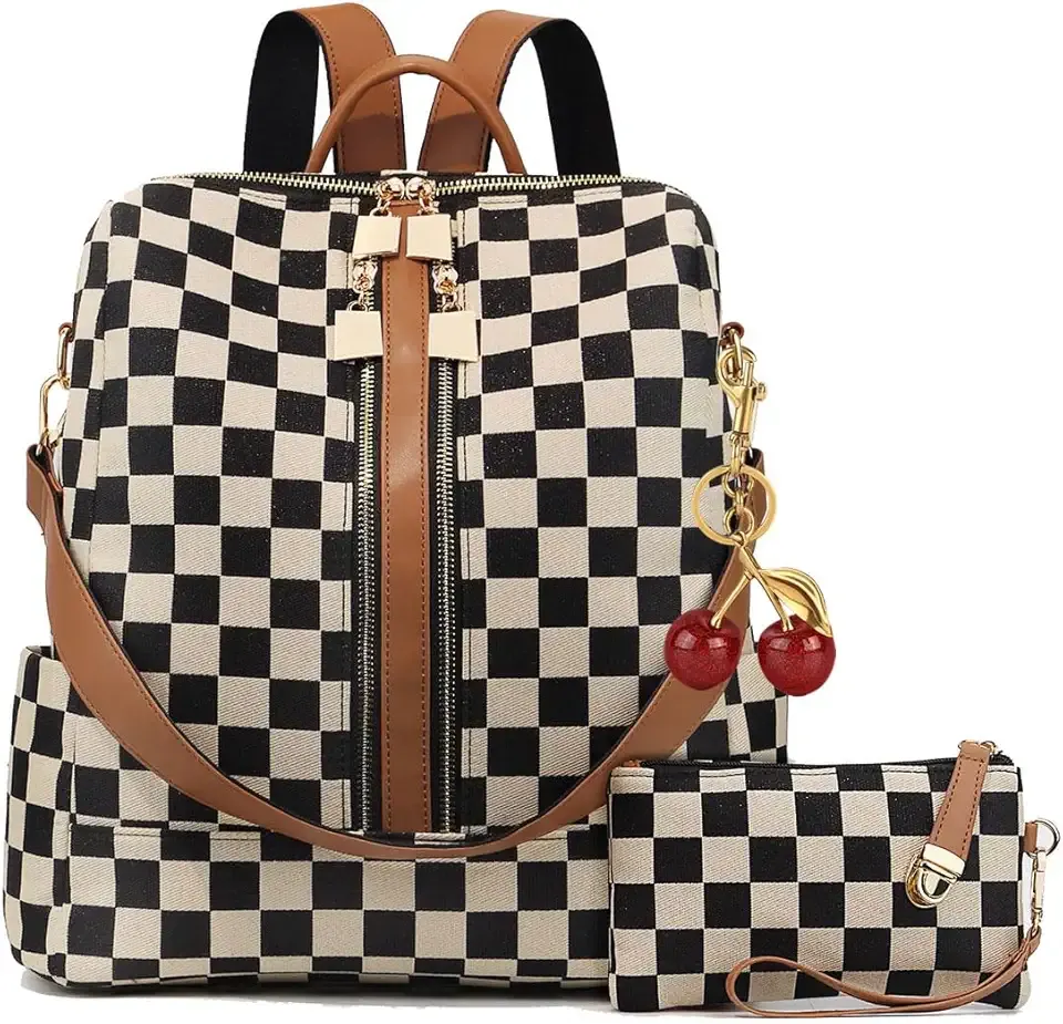 Small Backpack Purse for Women Checkered Back Pack Purses Ladies Backpack Handbags with Cherry Pendant Work Travel