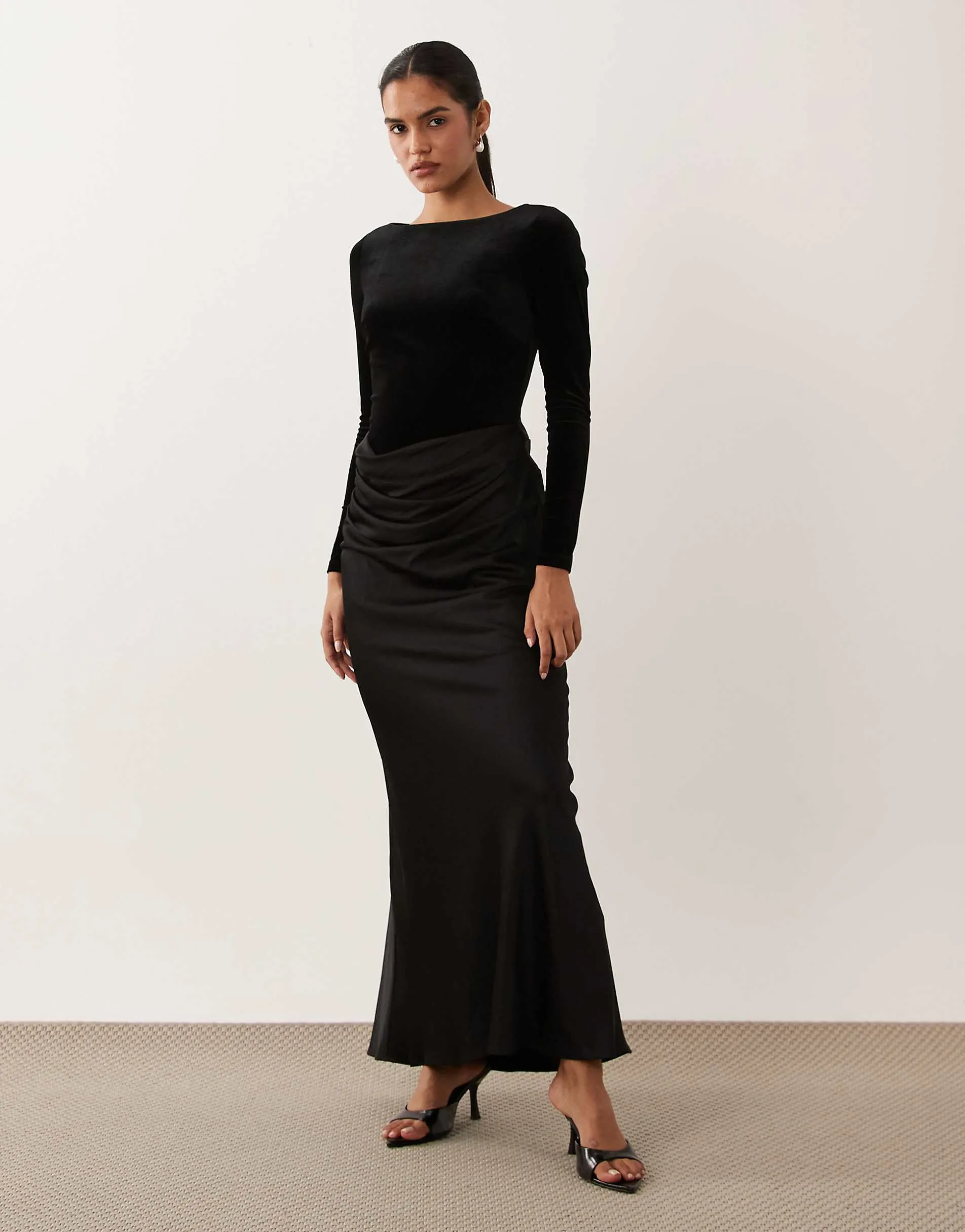 Forever New velvet long sleeve draped maxi dress in black