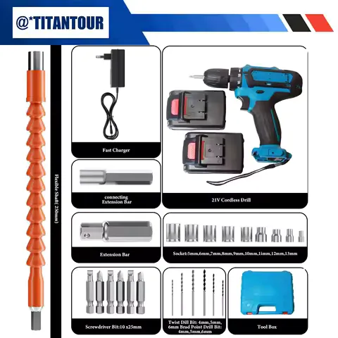 21V Cordless Drill Driver with 2 Batteries, Electric Screwdriver Set, 6 Speed, 18+1 Torque, Power Drill with Drill Bits Kit for