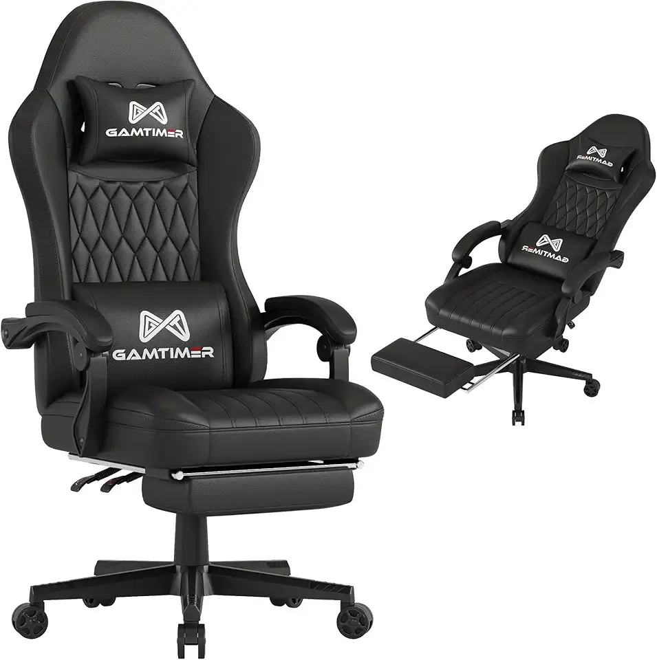 Gamtimer Gaming Chair with Footrest, Ergonomic Computer Chair, PU Breathable Material with Headrest and Lumbar Support, Suitable for Silla Gamer and Adults(Black)