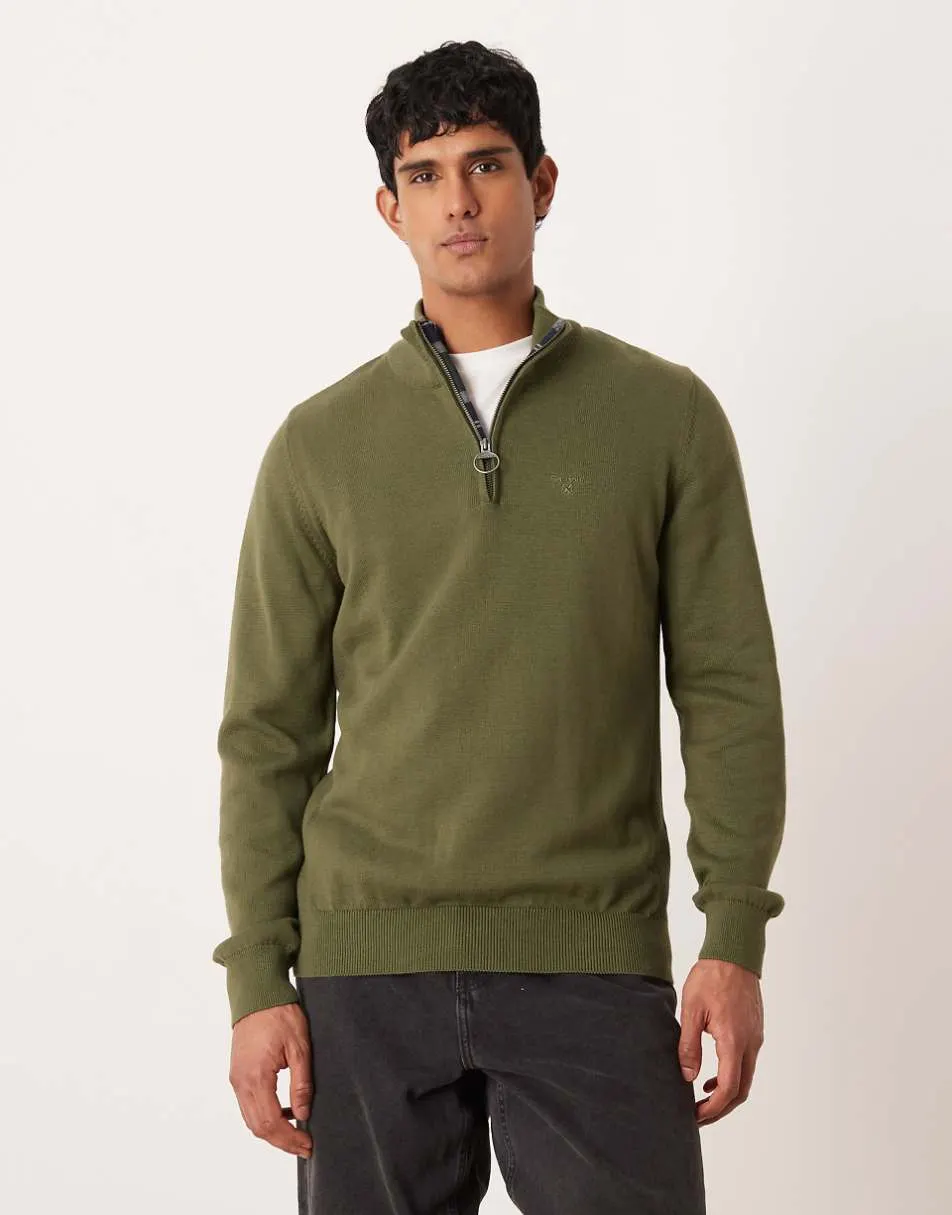 Barbour cotton half zip knitted jumper in winter moss