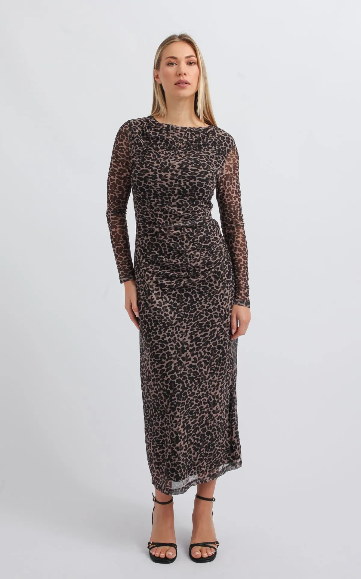 Printed Mesh LS Ruched Midi Dress