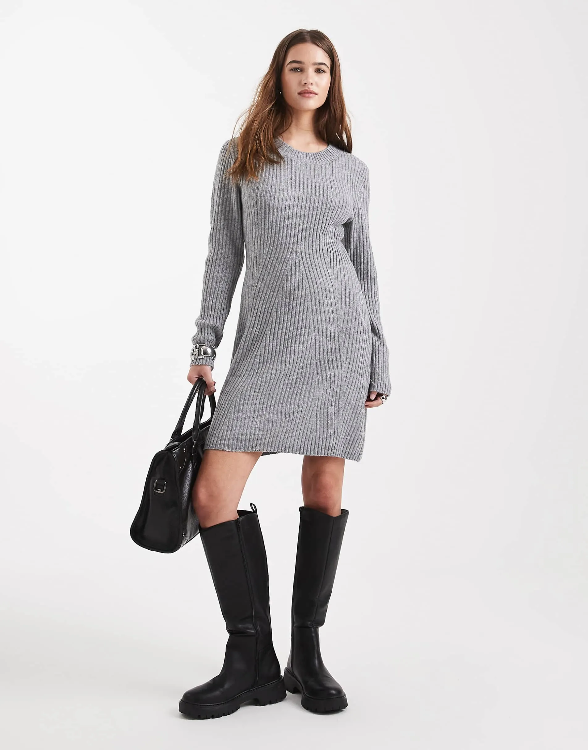 Vero Moda long sleeve knitted mini dress in medium grey melange