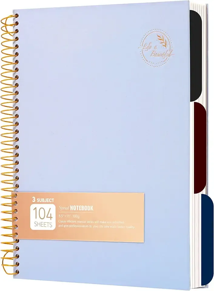FLYING EAGLE 3 Subject Spiral Notebook Large Spiral Notebook 8.5 X 11, Blue Journal for Women Men, 100 GSM Thick Paper 104 Sheets, Hardcover Notebook for Work, School, Writing, Note Taking Blue
