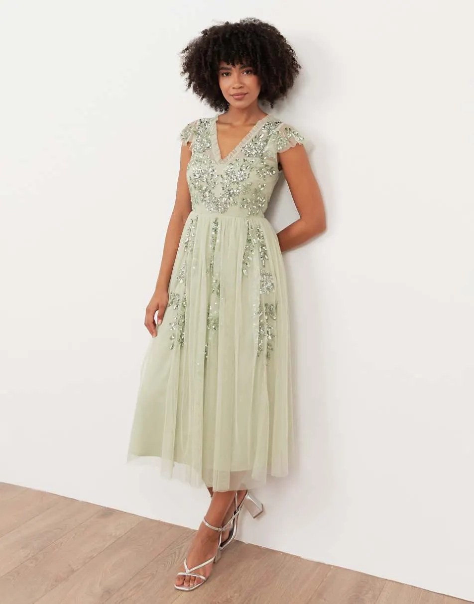 Maya Embellished tulle midi dress in meadow green