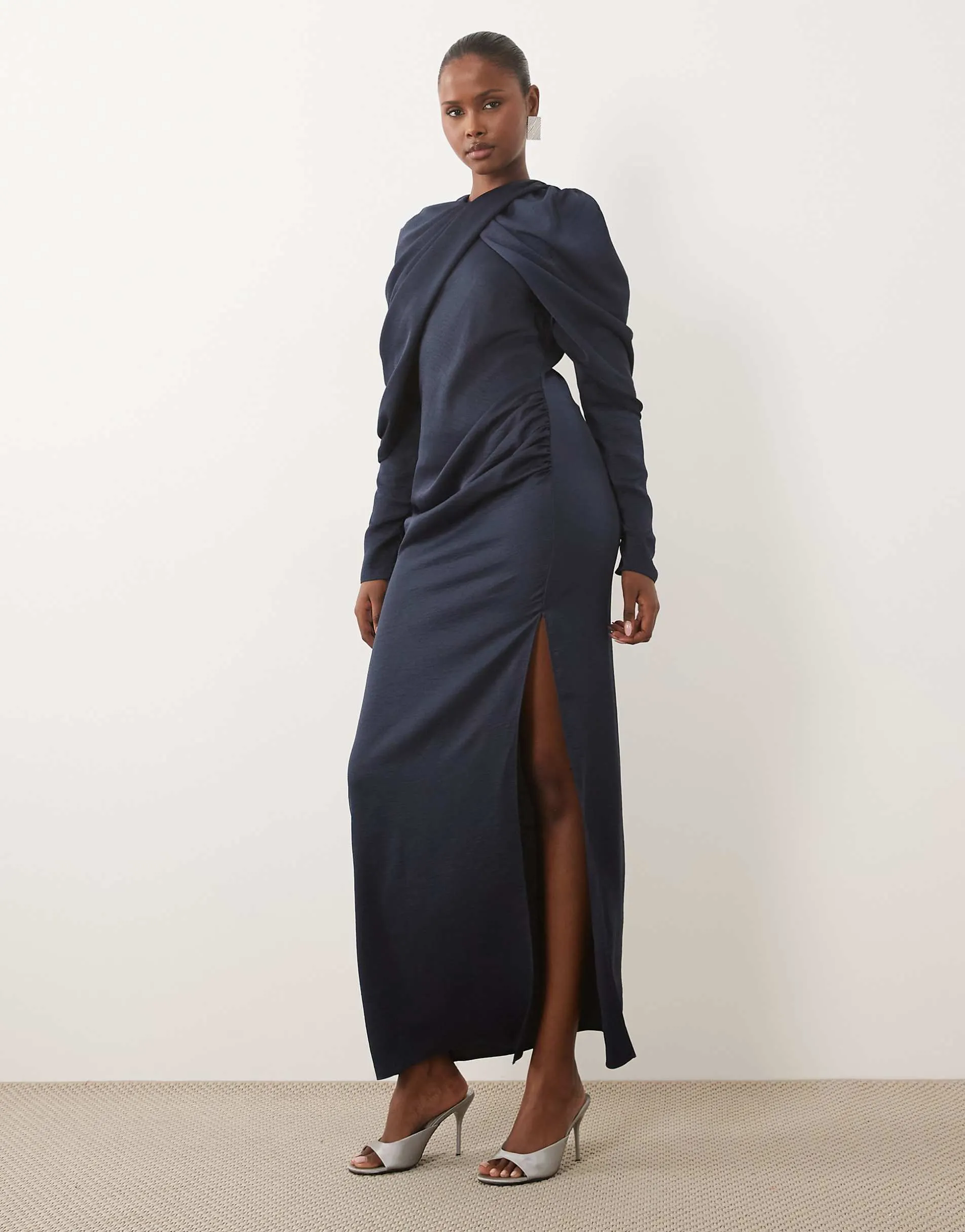 ASOS DESIGN cross neck gathered maxi dress with draped sleeves in navy