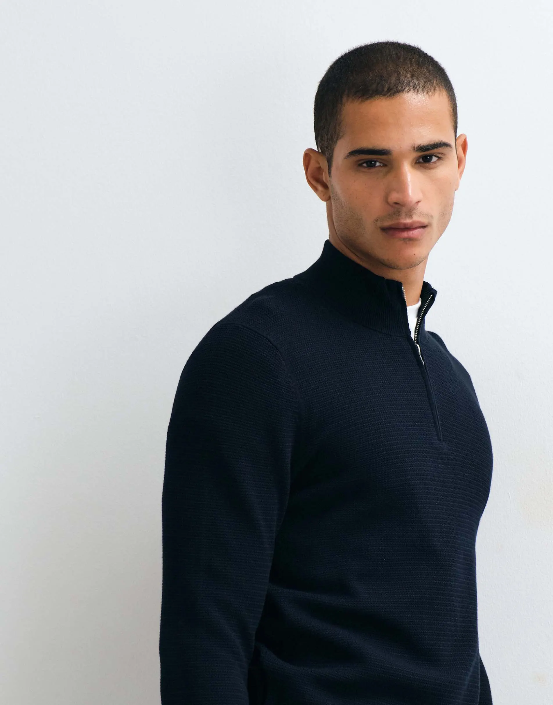 Mango cotton rich knitted quarter zip jumper in navy