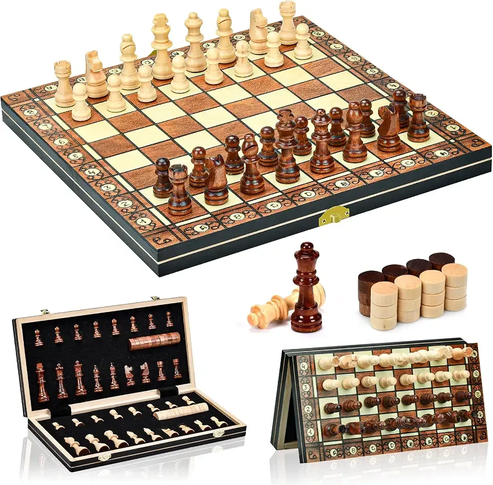 Magnetic Wooden Chess Set, 2 in 1 Chess Set, 15" Chess Set with Storage and 2 Extra Queens, Foldable for Parties and Family Activities, Travel Chess for Kids, Adults (15")