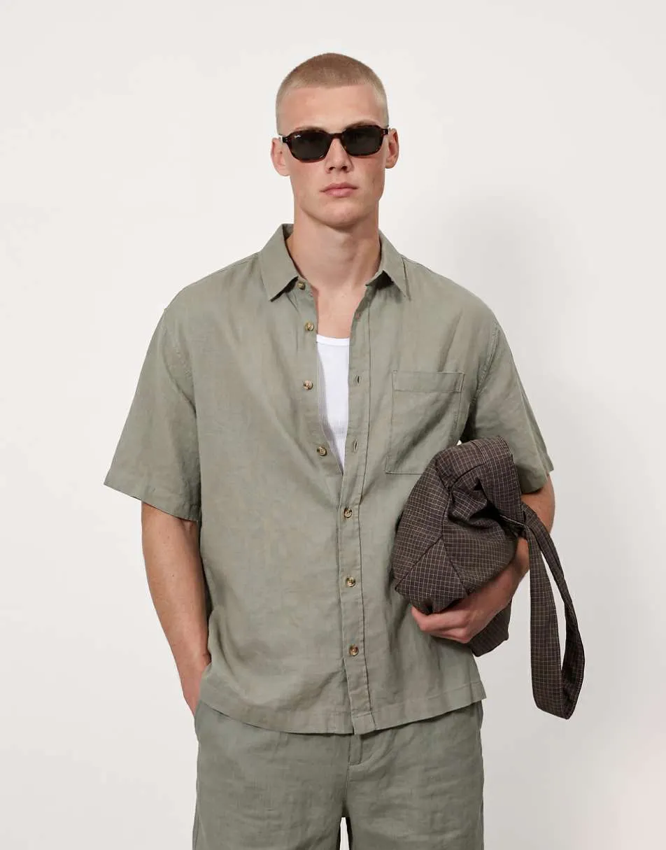 ASOS DESIGN co-ord oversized linen blend shirt in khaki