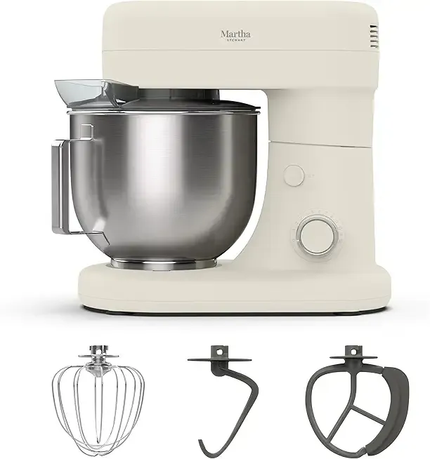Martha Stewart 5.3Qt Stand Mixer, 12-Speed Tilt-Head Electric Kitchen Mixer with Stainless Steel Bowl, Dough Hook, Whisk & Beater, Splash Guard, Ideal for Baking Bread, Cake & Whipping, Linen Cream