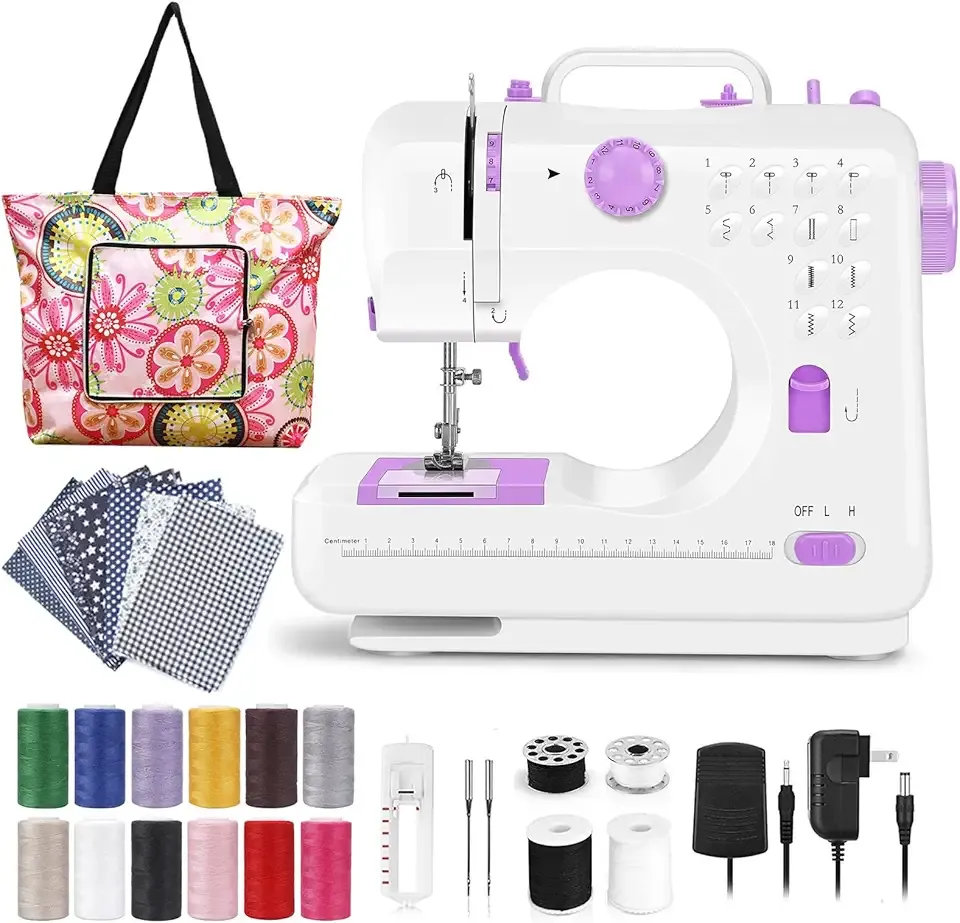 Sewing Machine for Beginners, Electric Mini Portable, 12 Built-in Stitches with Reverse Sewing, 2 Speeds Double Thread with Foot Pedal, Storage Bag, Cotton Fabric and Threads(Premium Set)