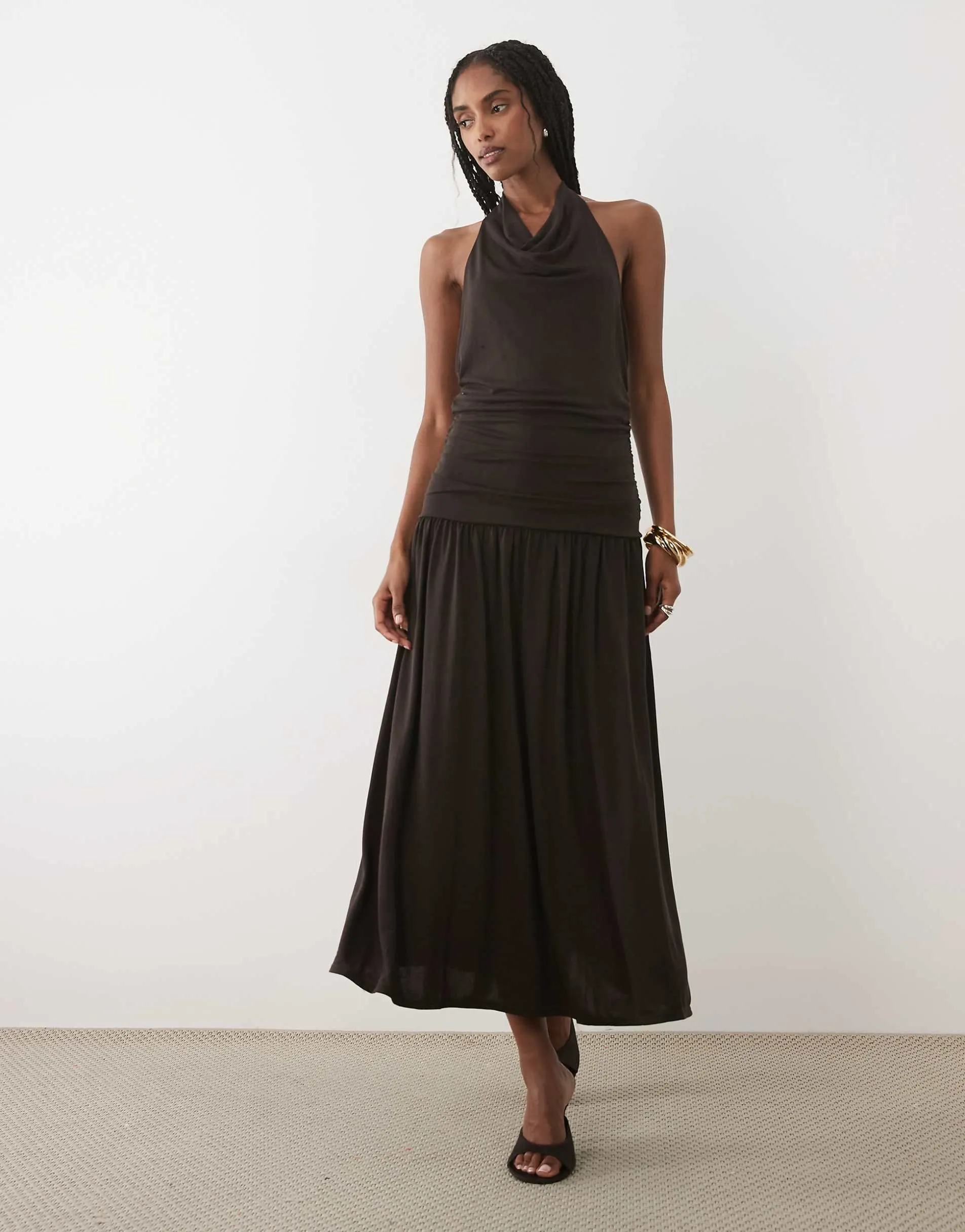 Mango cowl neck halterneck drop waist maxi dress in brown