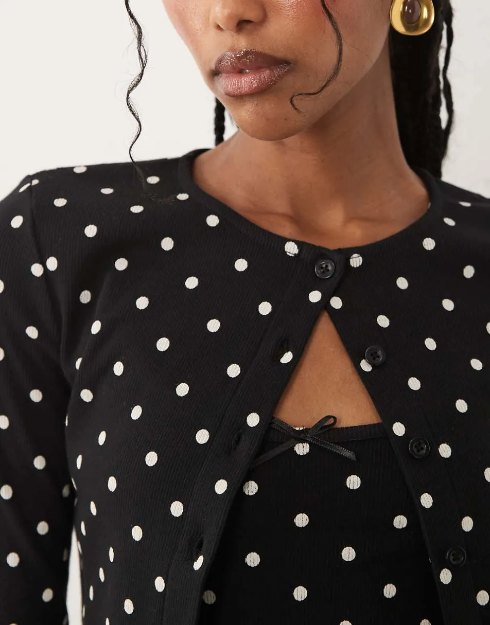 Miss Selfridge ribbed cardigan and cami set in polka dot