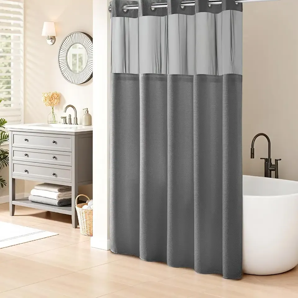 River Dream Heavyweight Grey No Hooks Required Dotted Waffle Weave Shower Curtain with Snap in Liner - 71W x 74H,Hotel Grade,Spa Like Bath Curtain,Gray
