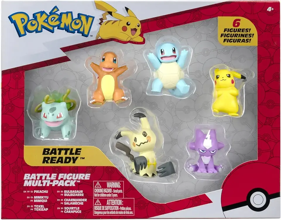 Battle Figure 6 Pack-Features 2-Inch Pikachu, Squirtle, Charmander, Bulbasaur, Mimikyu & Toxel-Authentic Details