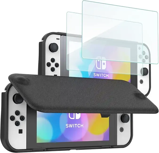 ProCase Flip Case for Nintendo Switch OLED with 2 Screen Protectors, Black | Slim Cover Features a Magnetically Detachable Front Lid and Tempered Glass for All-Around Scratch Protection