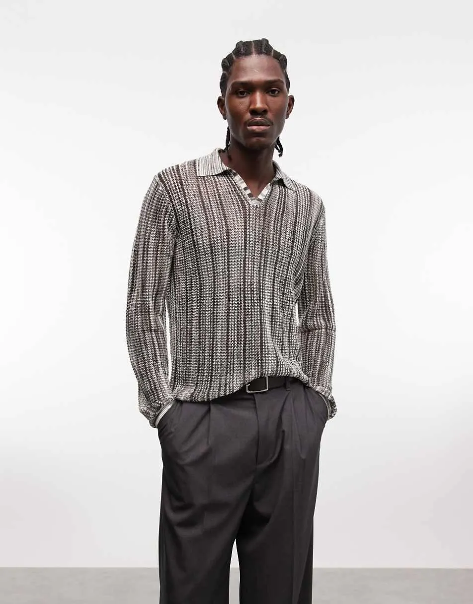 ASOS DESIGN knitted long sleeve mesh notch neck polo in multicolour
