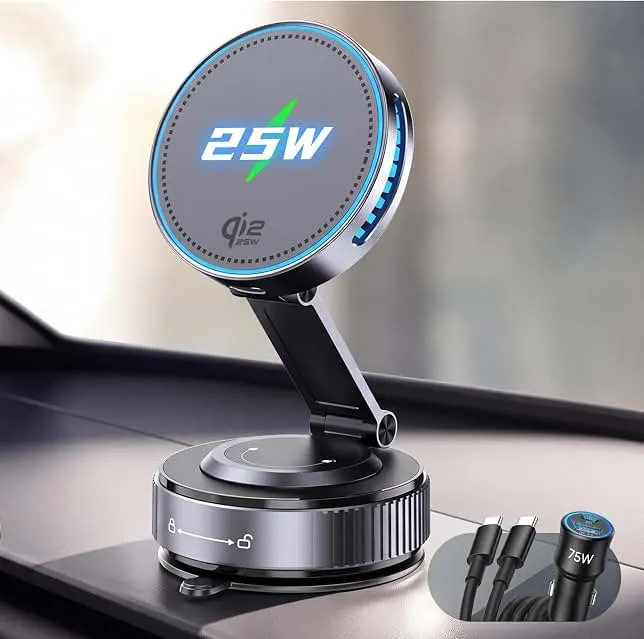 visnfa Qi2.2 25W MagSafe Car Mount Charger, Temp-Control Cooling Fan | [with 75W Adapter] Car Phone Holder, Magnetic Wireless Car Charger Fast Charging, 25W Only for iPhone…