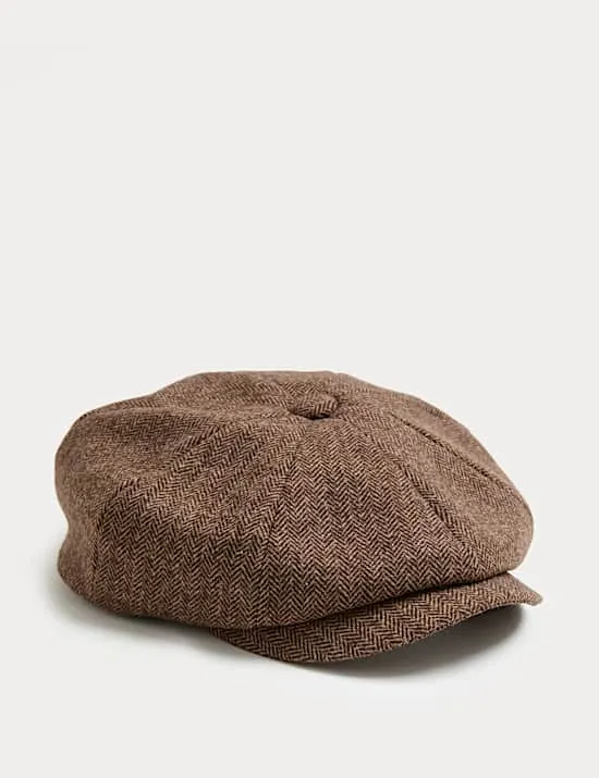 Herringbone Wool Blend Baker Boy Hat