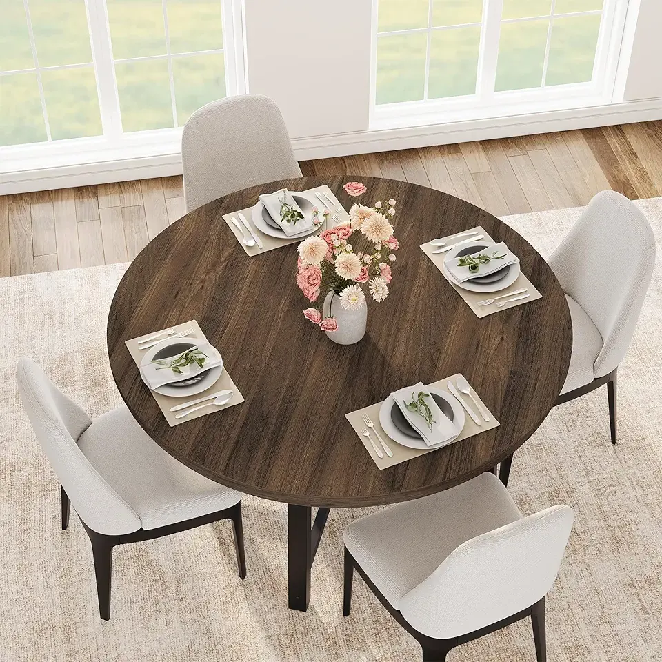 IDEALHOUSE 47" Round Dining Table for 4, Kitchen Dining Room Table with Sturdy Metal Frame, Wood Circle Kitchen Table for Space Saving -Brown (No Chairs)