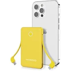 miisso 6000mah Ultra Slim Built in Cables Power Bank, Card Size Built in USB C Cords Battery Pack Portable Charger for Phones, 3 Output External Battery Pack Compatible with iPhone, Yellow